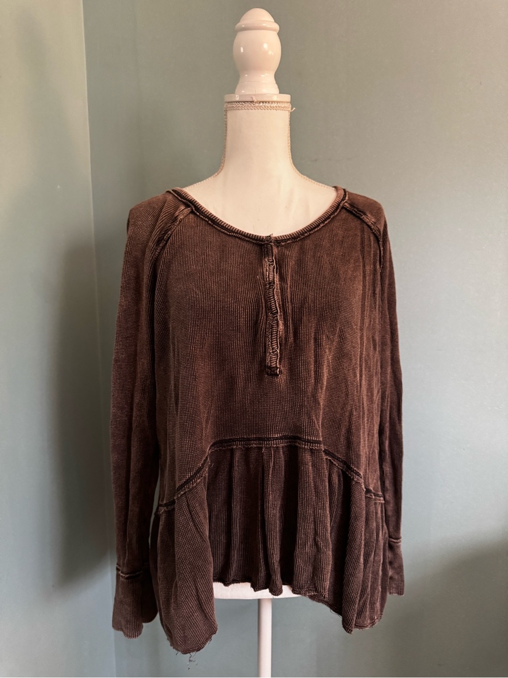 We The Free - Free People Brown Long-Sleeve Waffle Knit Peplum Henley Top